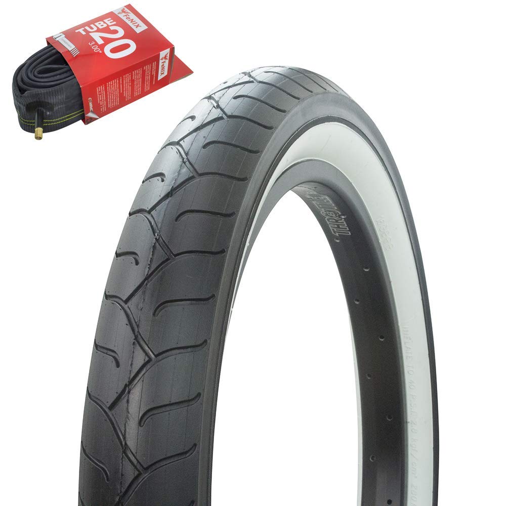 Fenix Cycles Bicycle Bike Tire Black Thread White Side Wall & Tube 20" x 3.00" 33mm Schrader Valve-Pedal Power Pros