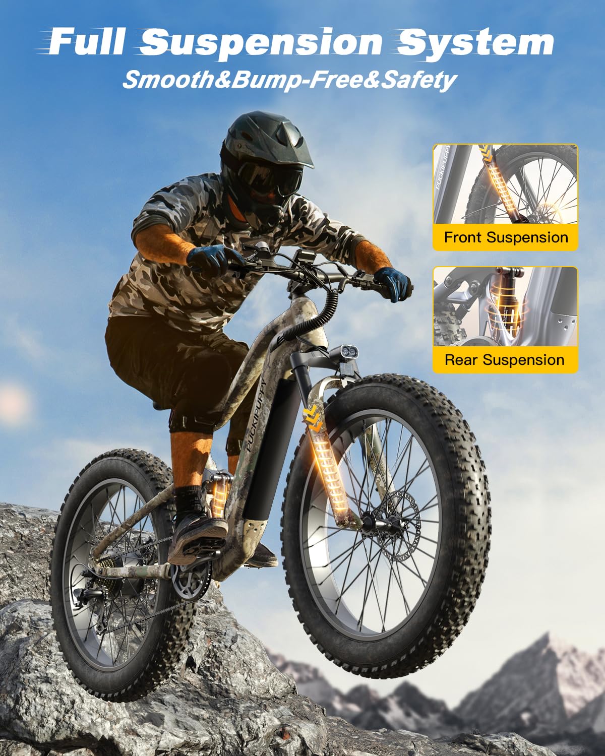 PUCKIPUPPY Boxer Electric Bike for Adults 960W, Full Suspension 48V 20AH Battery Ebike, 26" Fat Tire 28MPH 80Miles Range Mountain Electric Bicycle, 7 Speed Hydraulic Disc Brake-Pedal Power Pros