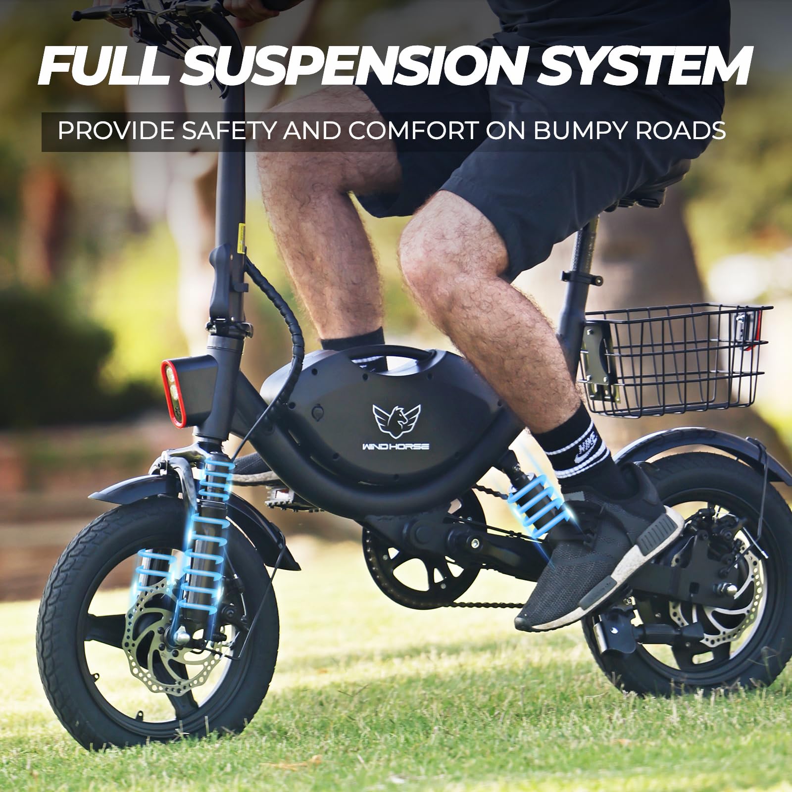 Electric Bike with Basket, 14" Folding E-bike 22 MPH, 35 Miles Range, Dual Suspension.-Pedal Power Pros