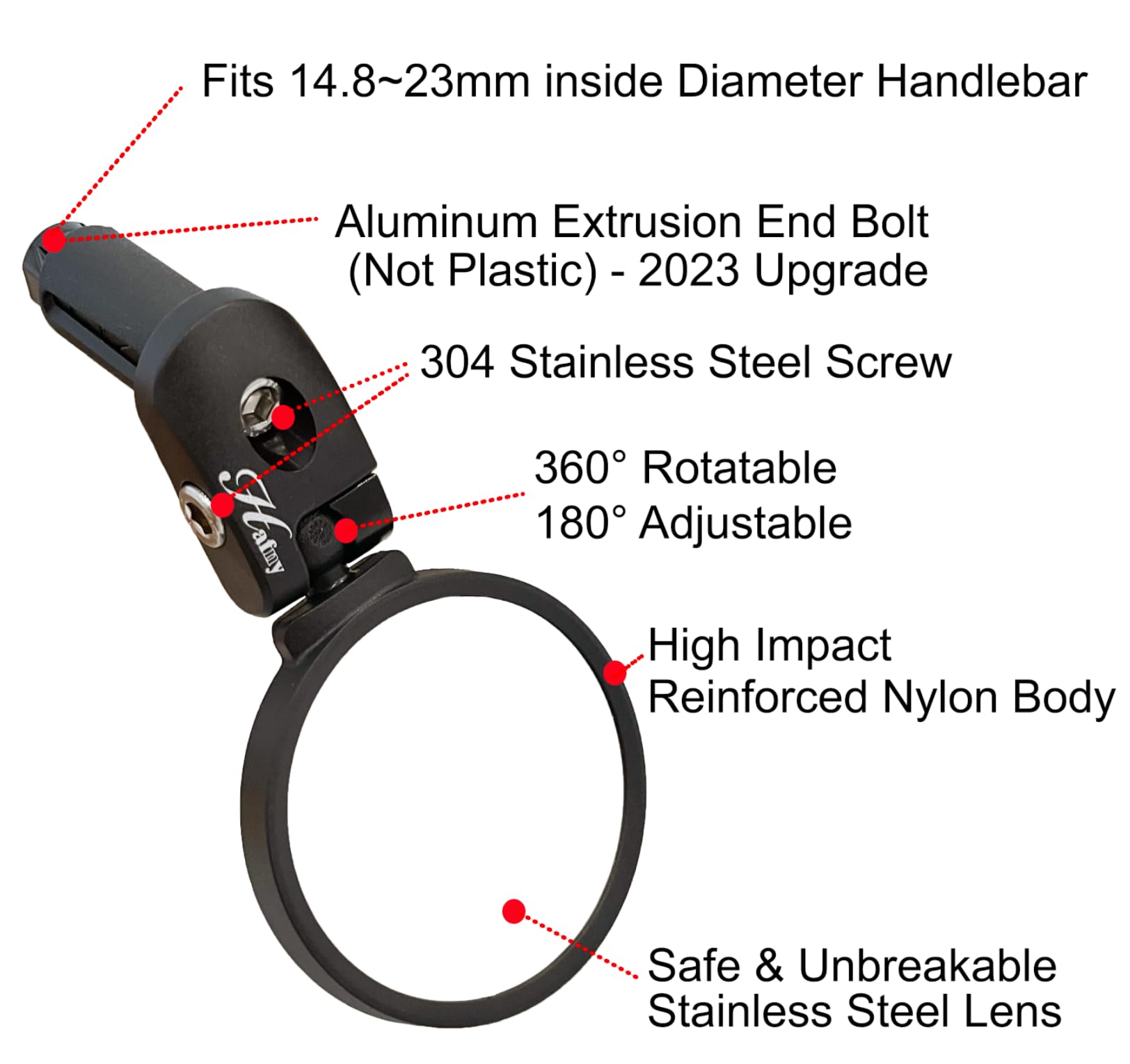 Hafny Bar End Bike / Bicycle Mirror, Stainless Steel Lens , Safe Adjustable Rearview Cycle / E-bike Mirror, HF-MR083 (Black 62mm)-Pedal Power Pros