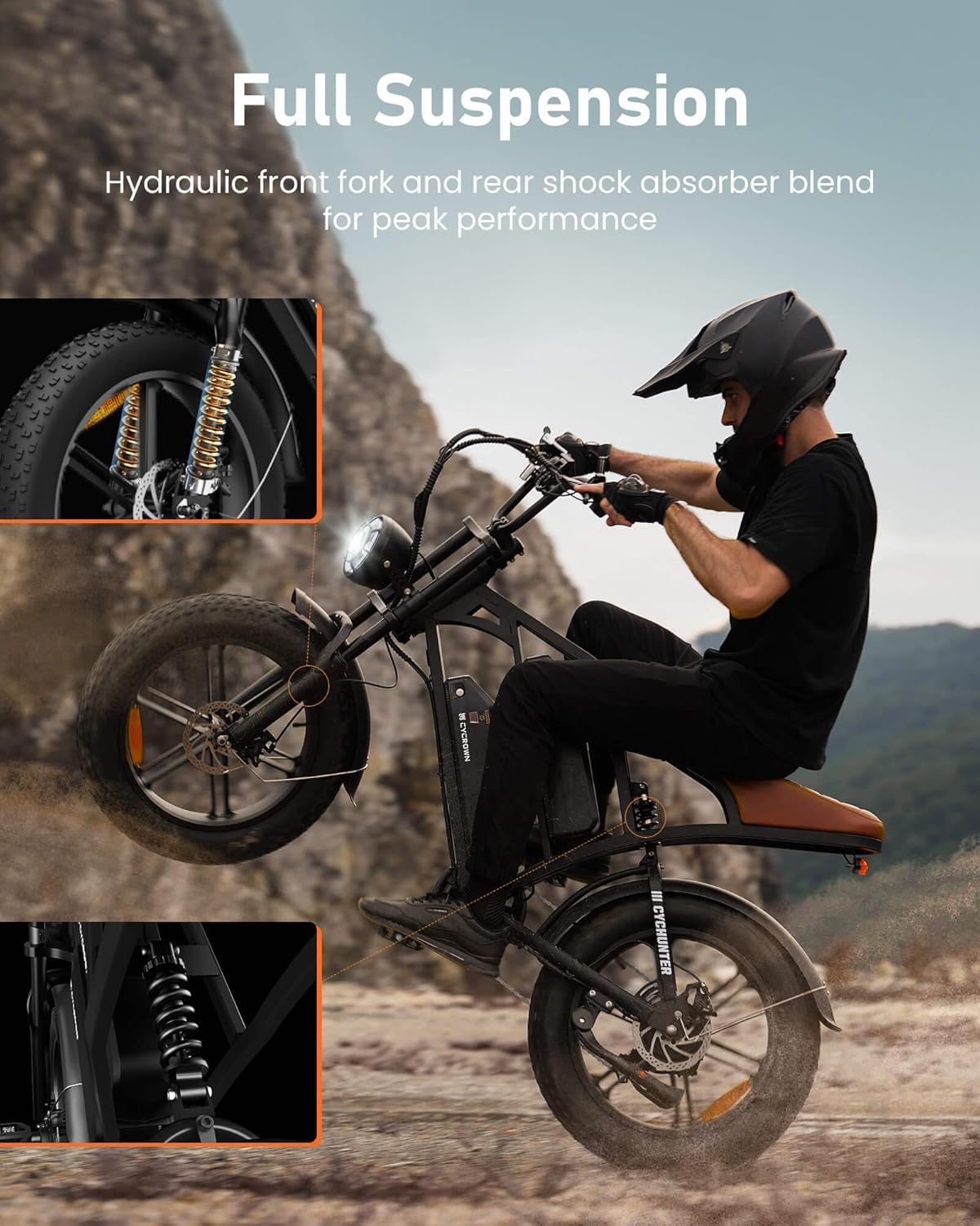 CYCROWN CycHunter Electric Bike for Adults, 48V 26Ah Dual Battery Moped Style Ebike, 1000W Peak Motor, 150 Miles PAS Range, 7 Speed Gearing, 28mph electric dirt bike, Full Suspension Electric Bicycles