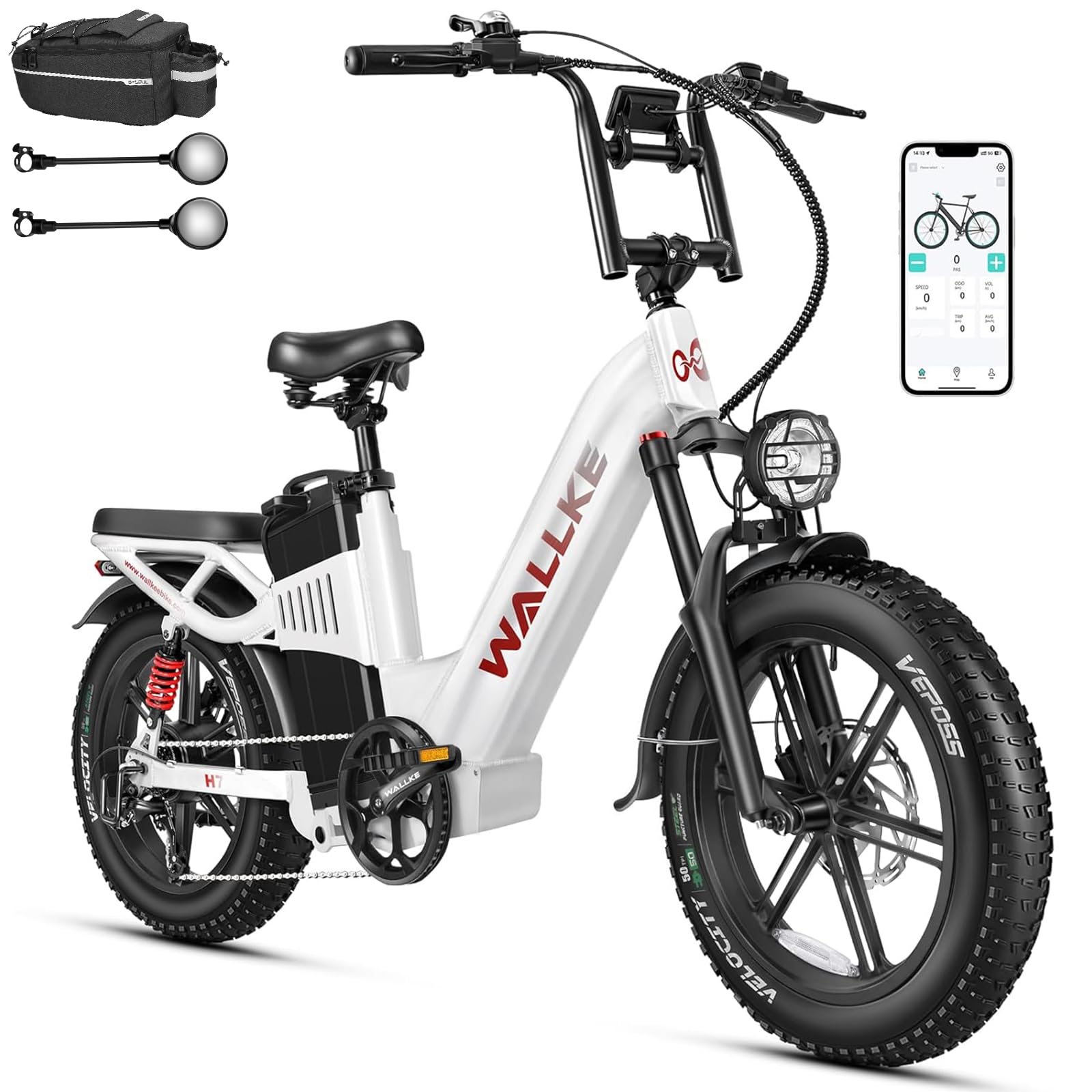 W Wallke 2025 Peak 3200W Long Range Electric Bike for Adults 200 Miles, Samsung-Cell Battery 48V 60Ah/40Ah, APP Control 34MPH Fast Ebike, 20" Fat Tire Hydraulic Brake Stepthru E Bike, 7 Speed, UL2849-Pedal Power Pros