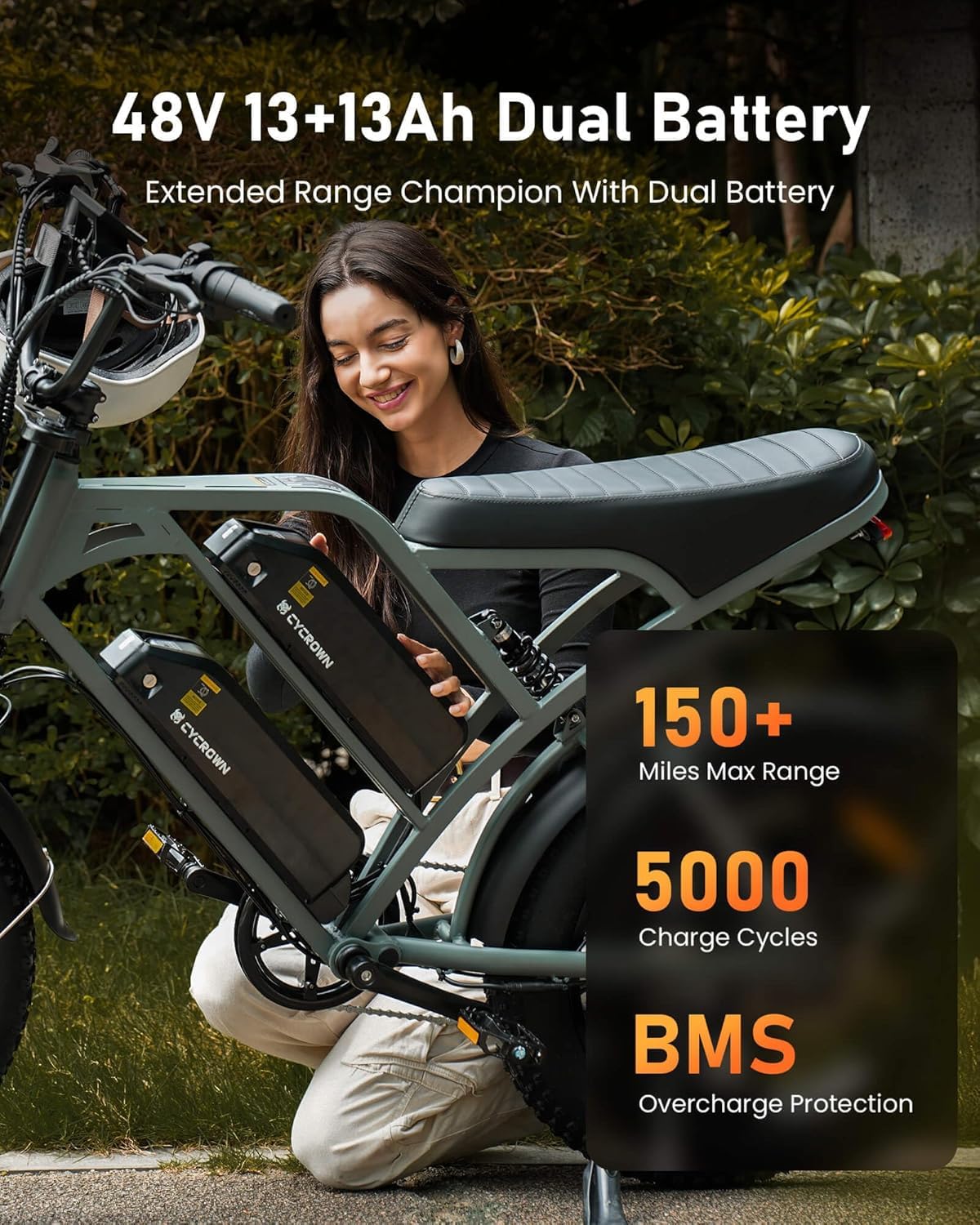 CYCROWN CycHunter Electric Bike for Adults, 48V 26Ah Dual Battery Moped Style Ebike, 1000W Peak Motor, 150 Miles PAS Range, 7 Speed Gearing, 28mph electric dirt bike, Full Suspension Electric Bicycles