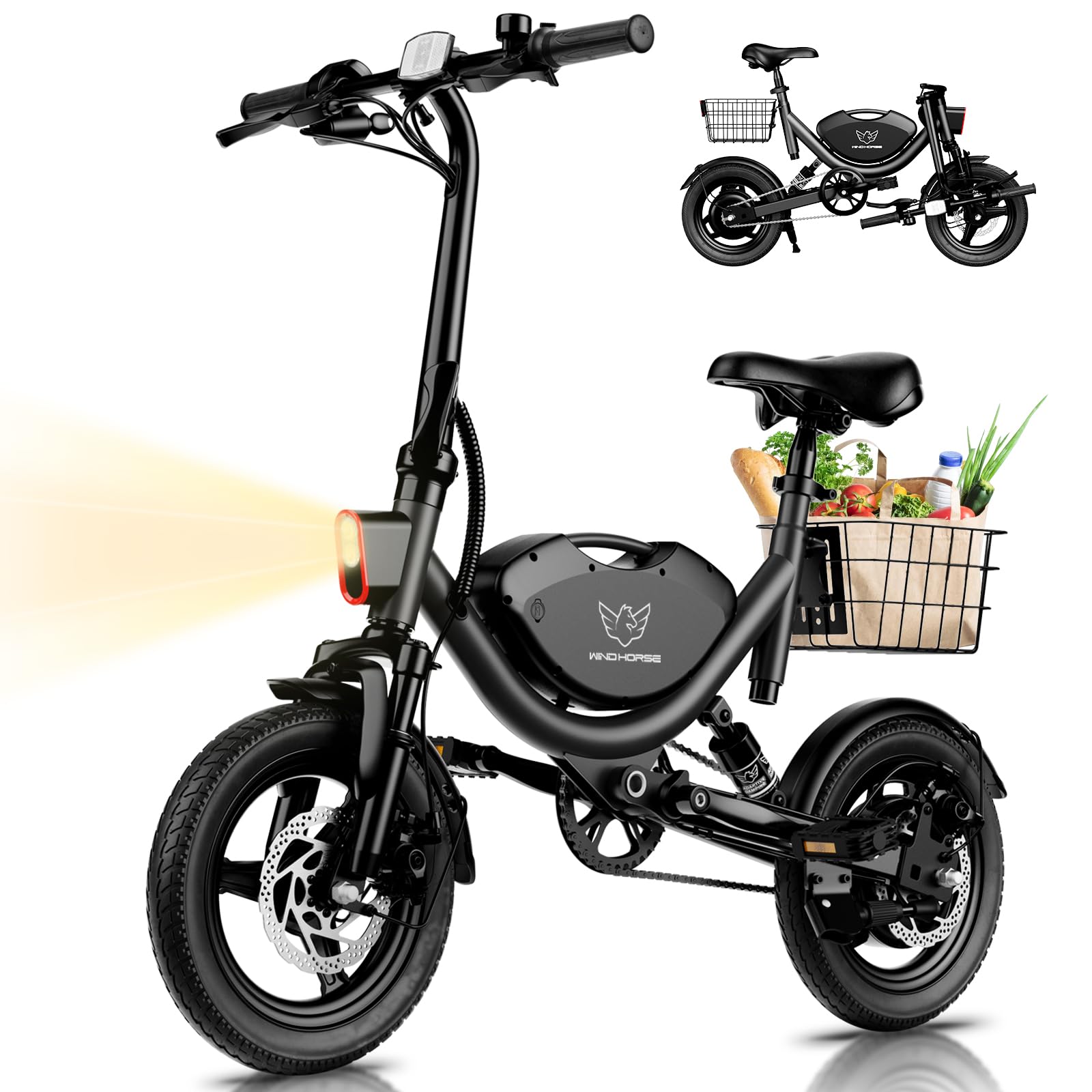 Electric Bike with Basket, 14" Folding E-bike 22 MPH, 35 Miles Range, Dual Suspension.-Pedal Power Pros