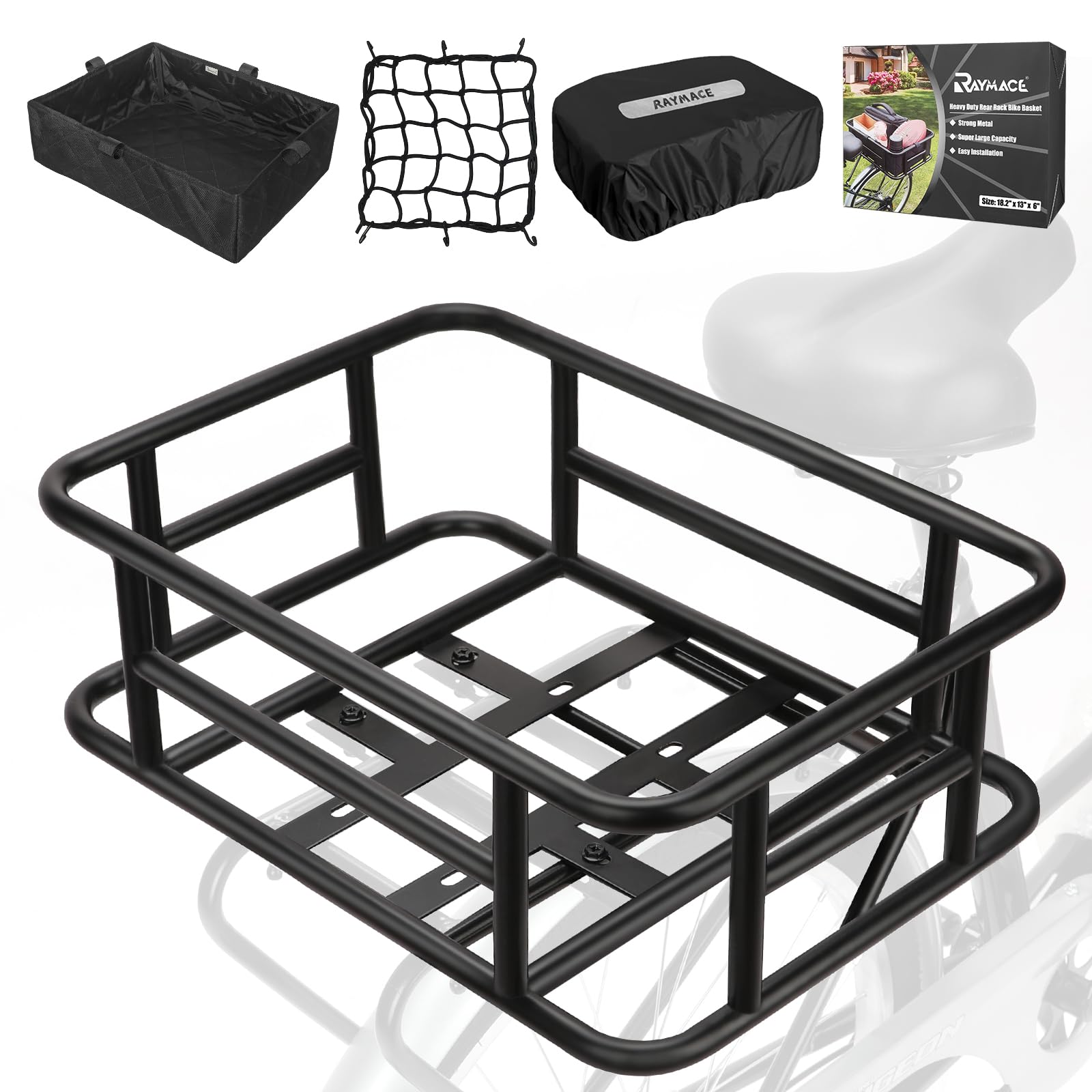 RAYMACE Rear Rack Bike Basket with Cargo Net and Liner Large Bicycle Basket Perfect Mount for Electric Bike-Pedal Power Pros