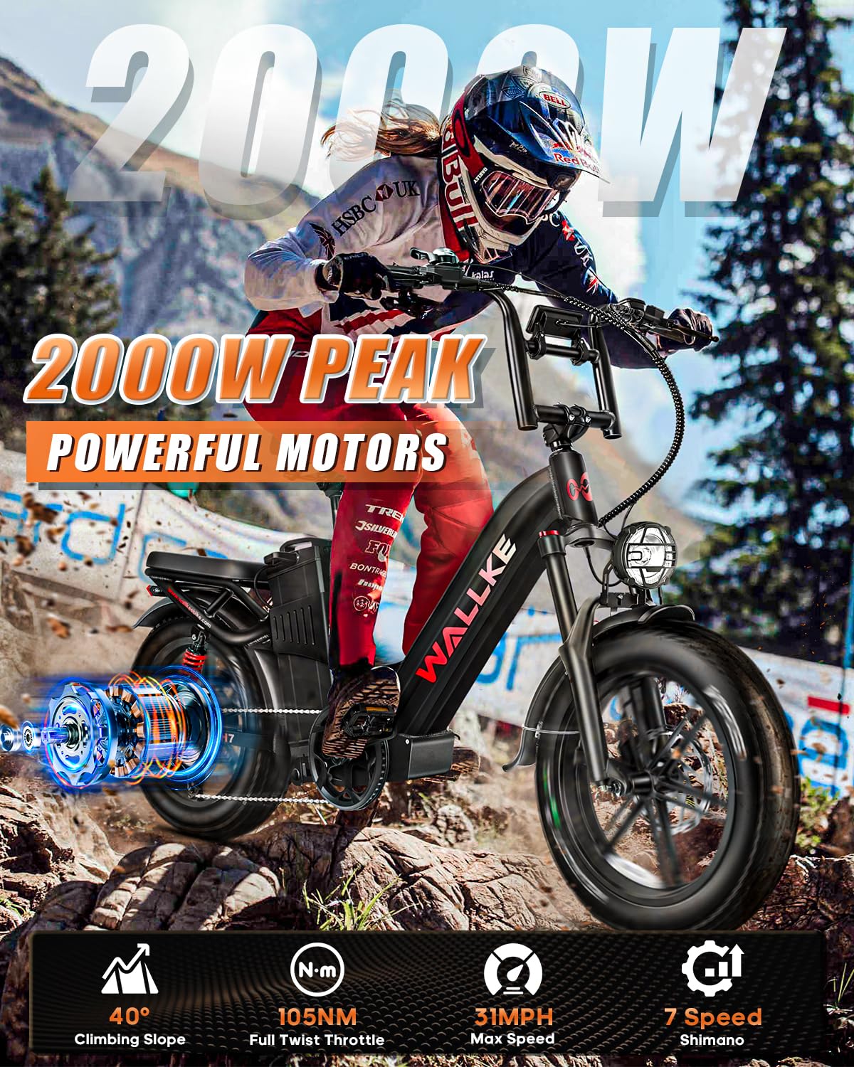 W Wallke 2025 Peak 3200W Long Range Electric Bike for Adults 200 Miles, Samsung-Cell Battery 48V 60Ah/40Ah, APP Control 34MPH Fast Ebike, 20" Fat Tire Hydraulic Brake Stepthru E Bike, 7 Speed, UL2849-Pedal Power Pros