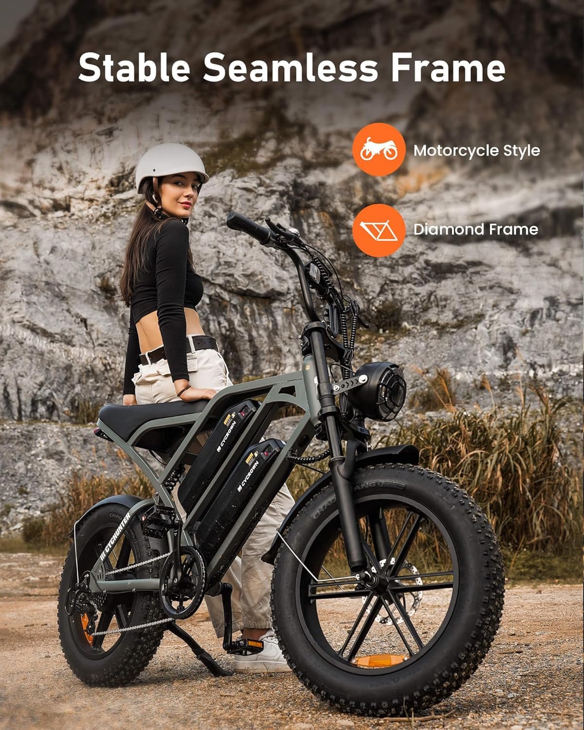 CYCROWN CycHunter Electric Bike for Adults, 48V 26Ah Dual Battery Moped Style Ebike, 1000W Peak Motor, 150 Miles PAS Range, 7 Speed Gearing, 28mph electric dirt bike, Full Suspension Electric Bicycles